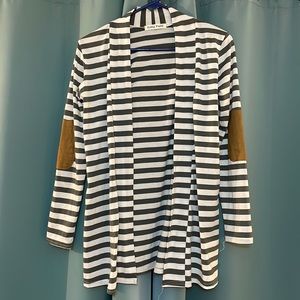 Women’s grey and white striped cardigan with elbow patches, size small